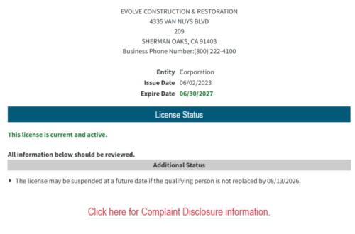 EVOLVE CONSTRUCTION & RESTORATION Contractor License status
