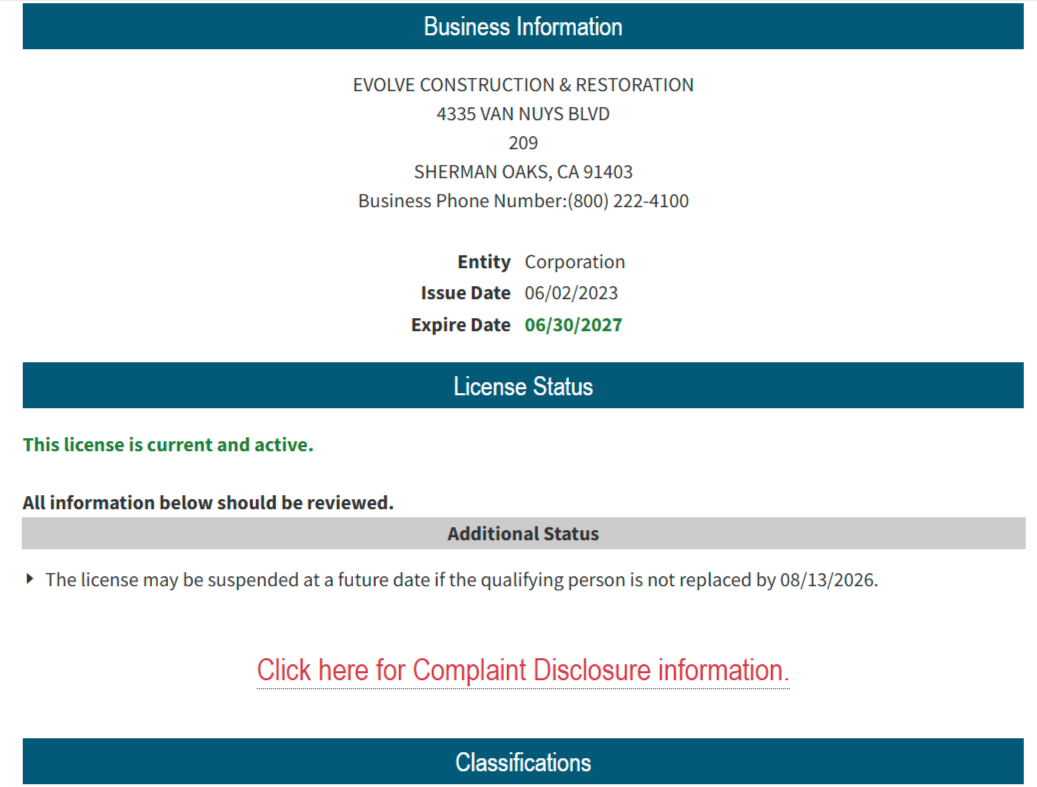 EVOLVE CONSTRUCTION & RESTORATION Contractor License status