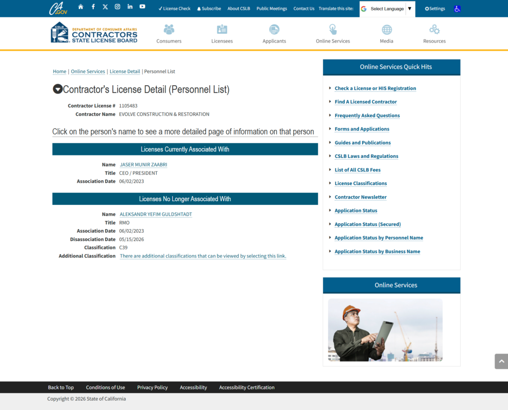 EVOLVE CONSTRUCTION & RESTORATION listed personnel