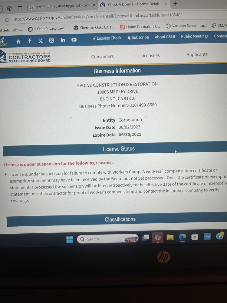 EVOLVE CONSTRUCTION & RESTORATION suspended license