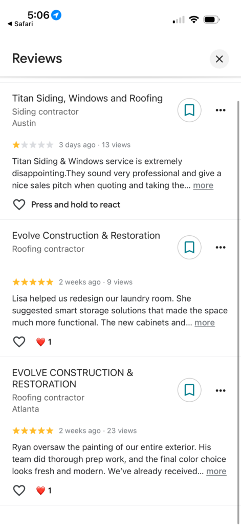 Reviewer who reviewed two Evolve Construction GBPs left a negative review