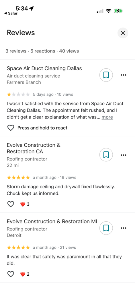 Reviewer who reviewed two Evolve Construction GBPs left a negative review second example