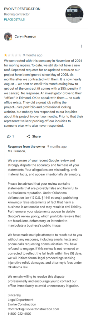 Threat of lawsuit in reply to a negative Evolve Construction Google Review